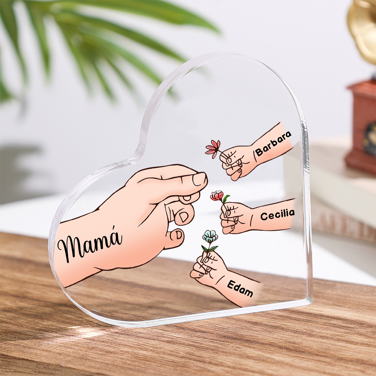 A mi mamá/abuela-Placa de acrílico en forma de corazón mano y manitos 1-8 nombres y 1 texto personalizados-Jessemade ES
