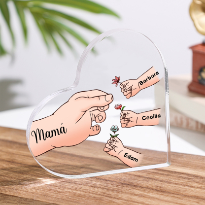 A mi mamá/abuela-Placa de acrílico en forma de corazón mano y manitos 1-8 nombres y 1 texto personalizados-Jessemade ES