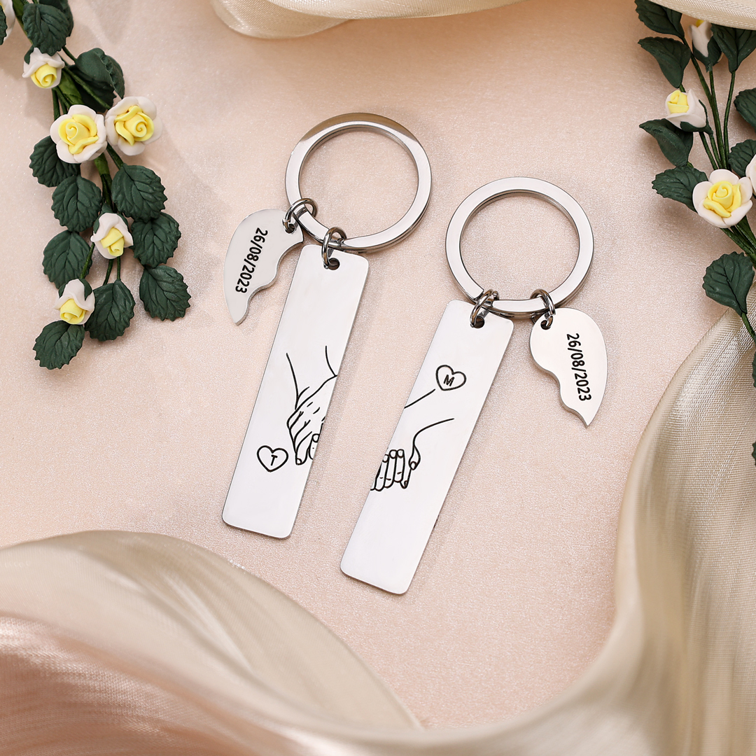 A mi querido-Llavero para pareja mano a mano 2 letras personalizadas con fecha-Jessemade ES