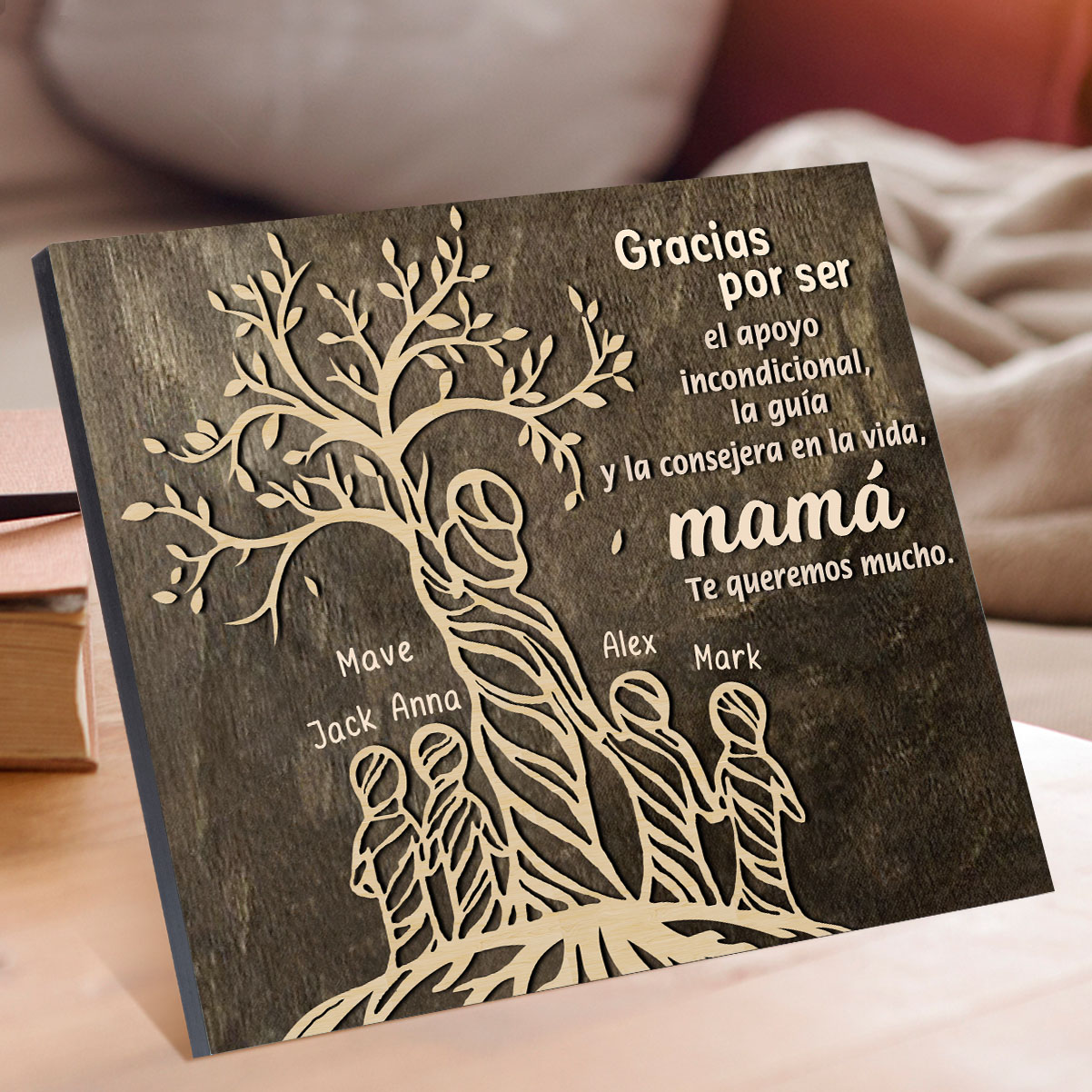 A mi mamá-Lámina mujer de árbol marco de madera personalizado con 5 nombres-Jessemade ES