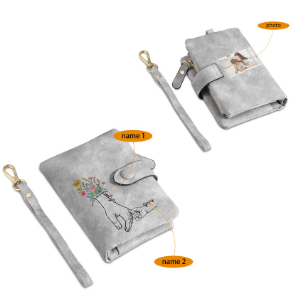 Cartera, billetera con 2 nombres y 1 foto personalizados mano con manito monedero clásico para mujer-Jessemade ES