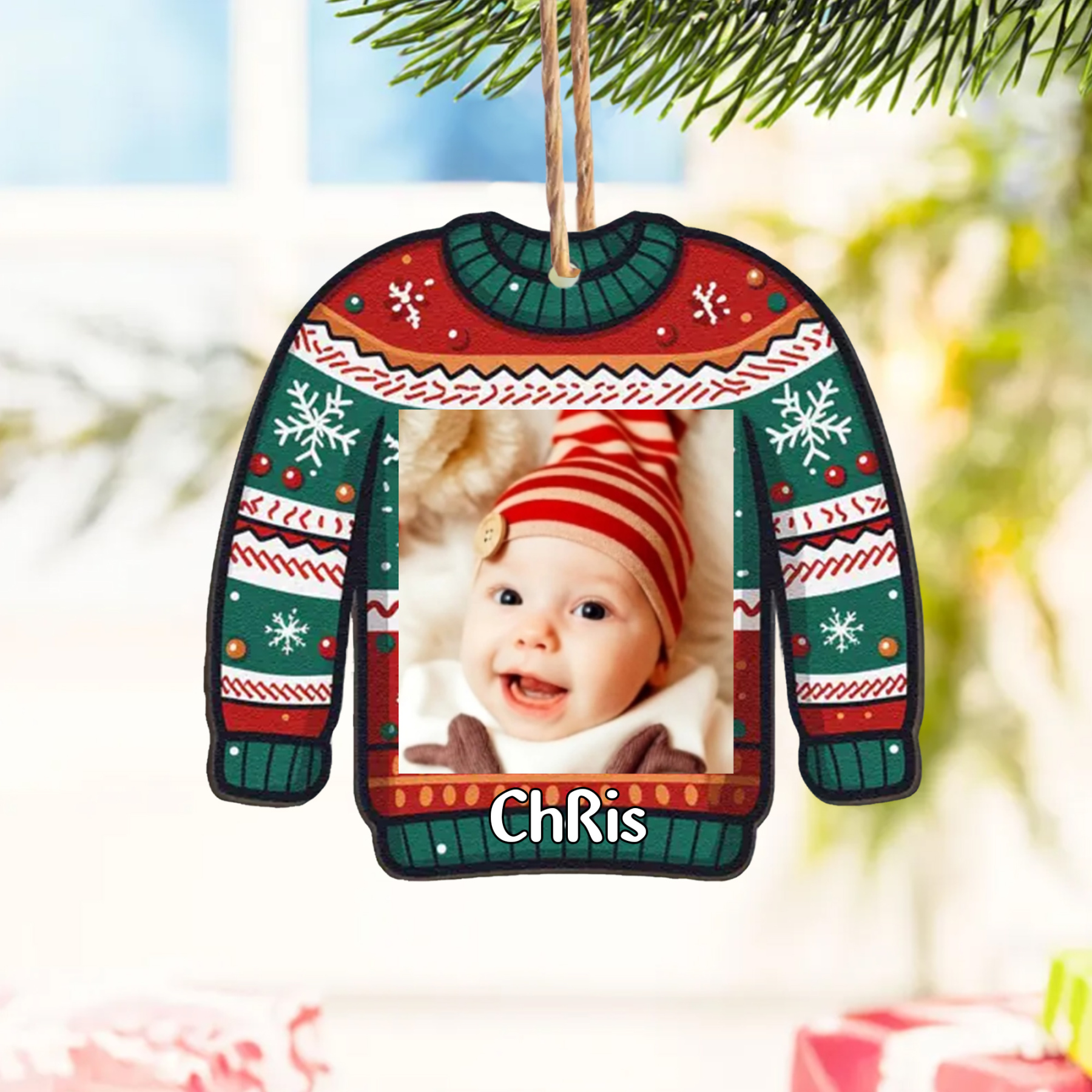 Navidad-Bebé Ornamento Navideño 1 nombre y foto personalizados en forma de suéter