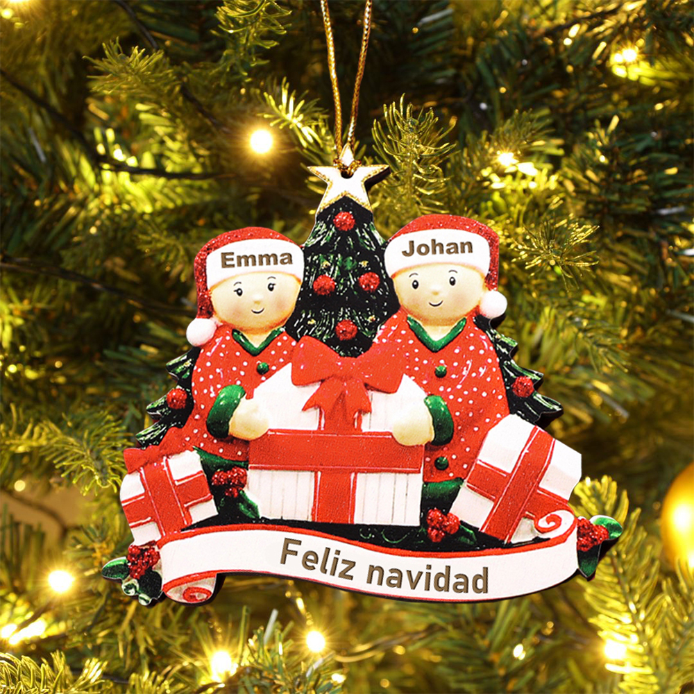 Navidad-Ornamentos de resina muñecos navideños familia y regalos 2 nombres personalizados con texto adorno de árbol