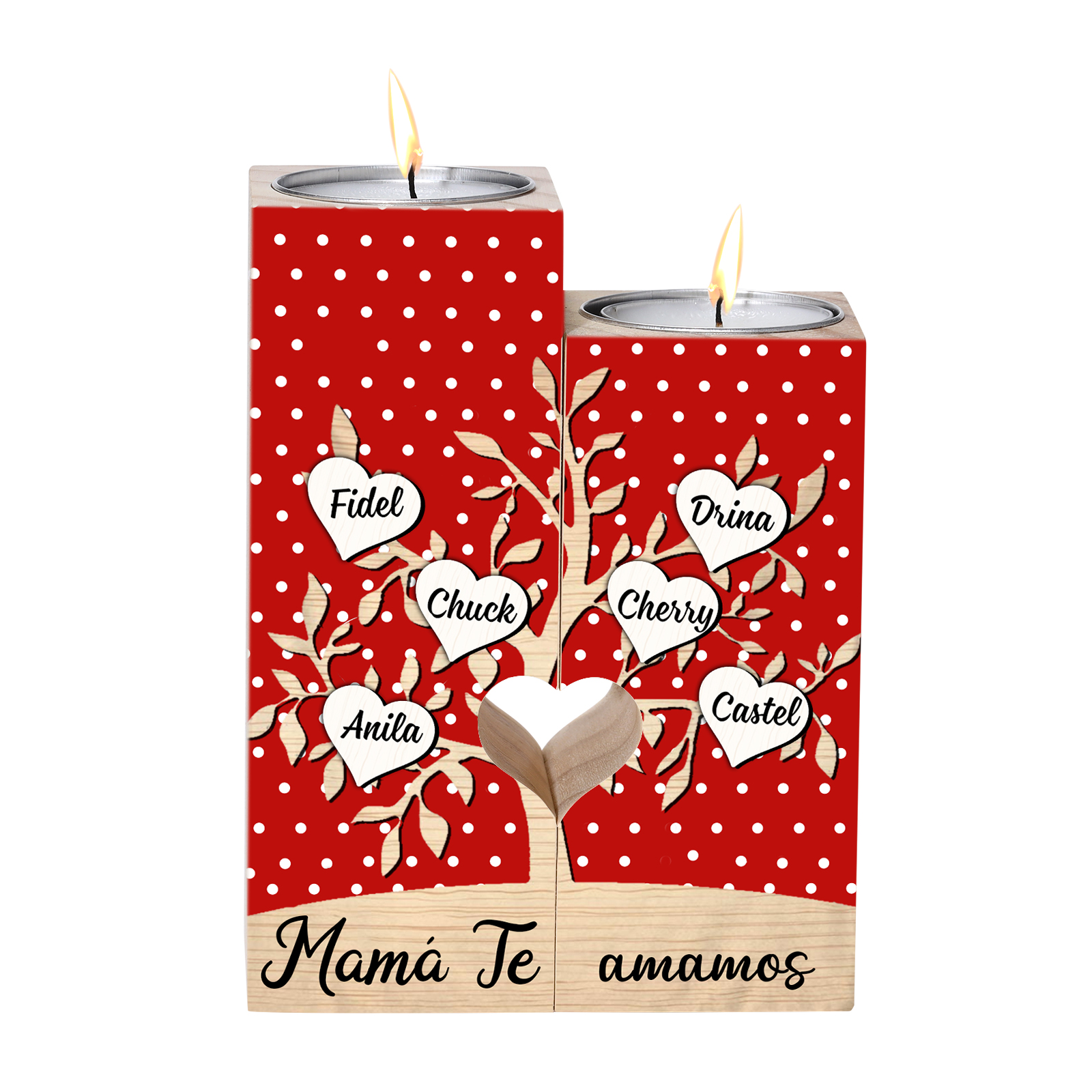 A la familia-Candelero de árbol de la vida de madera personalizado con 3-8 nombres y 1 texto sin vela-Jessemade ES