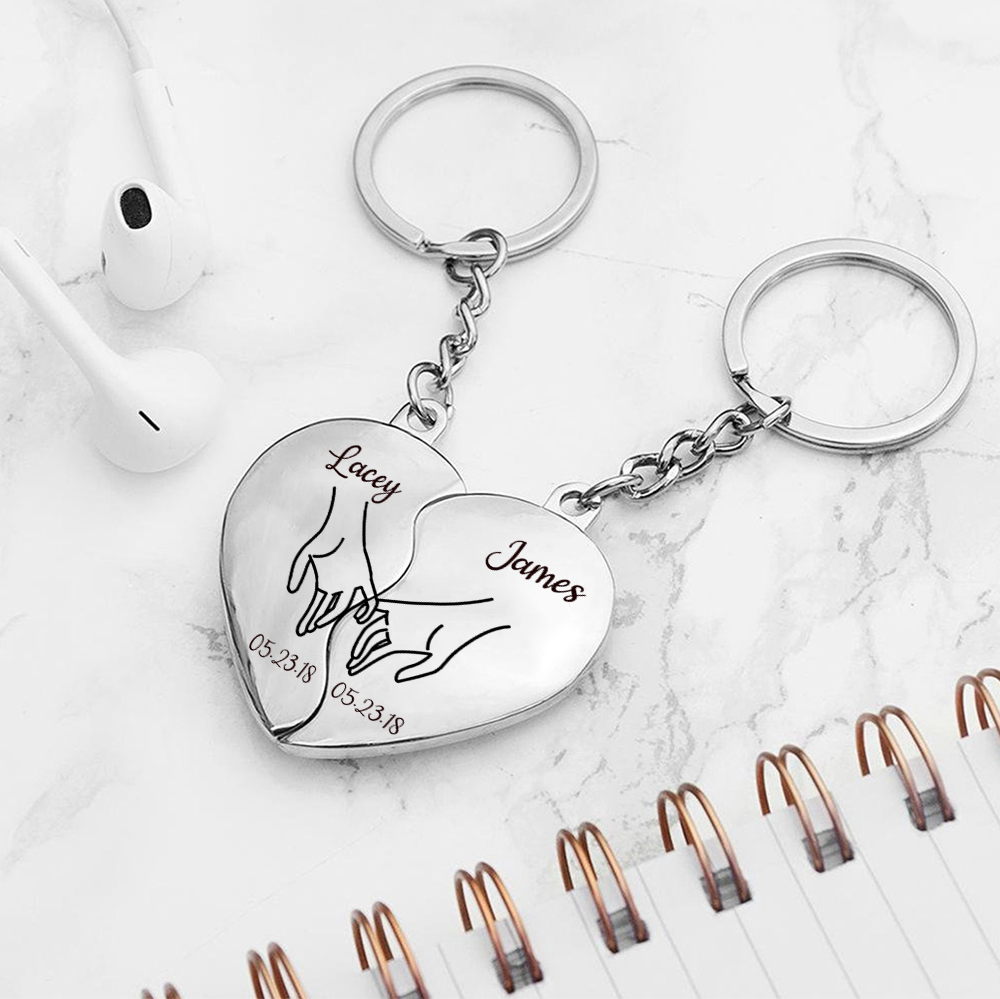 Llavero de corazón para pareja "Juntos un corazón completo" 2 nombres personalizados con fecha-Jessemade ES