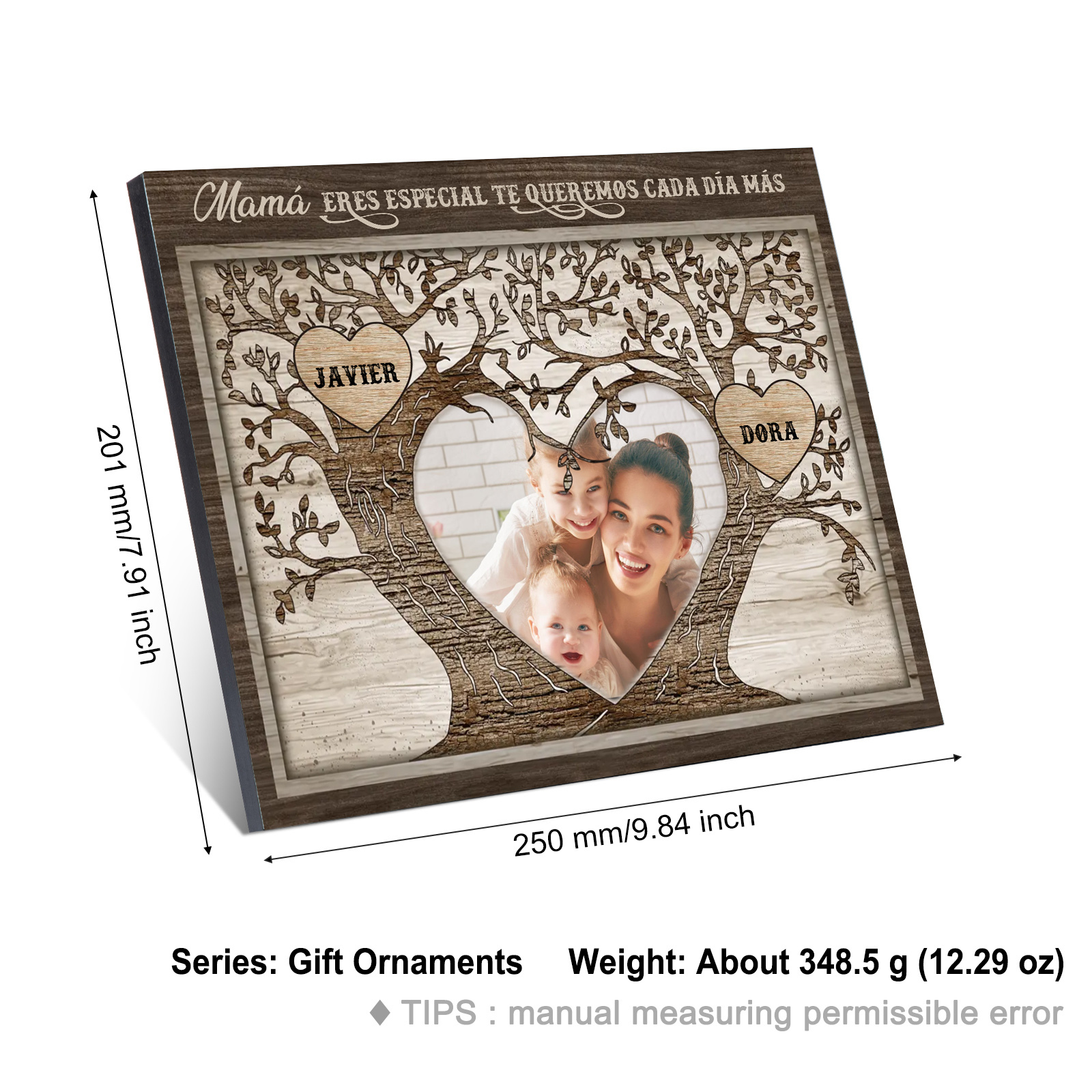 A familia - Lámina 2-9 nombres y 1 foto personalizados marco de madera árbol de la vida-Jessemade ES