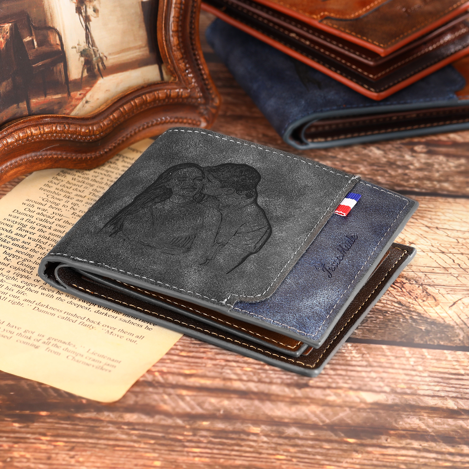 Cartera, billetera personalizada con 1 foto, 1 nombre y 1 letra monedero para hombre-Jessemade ES