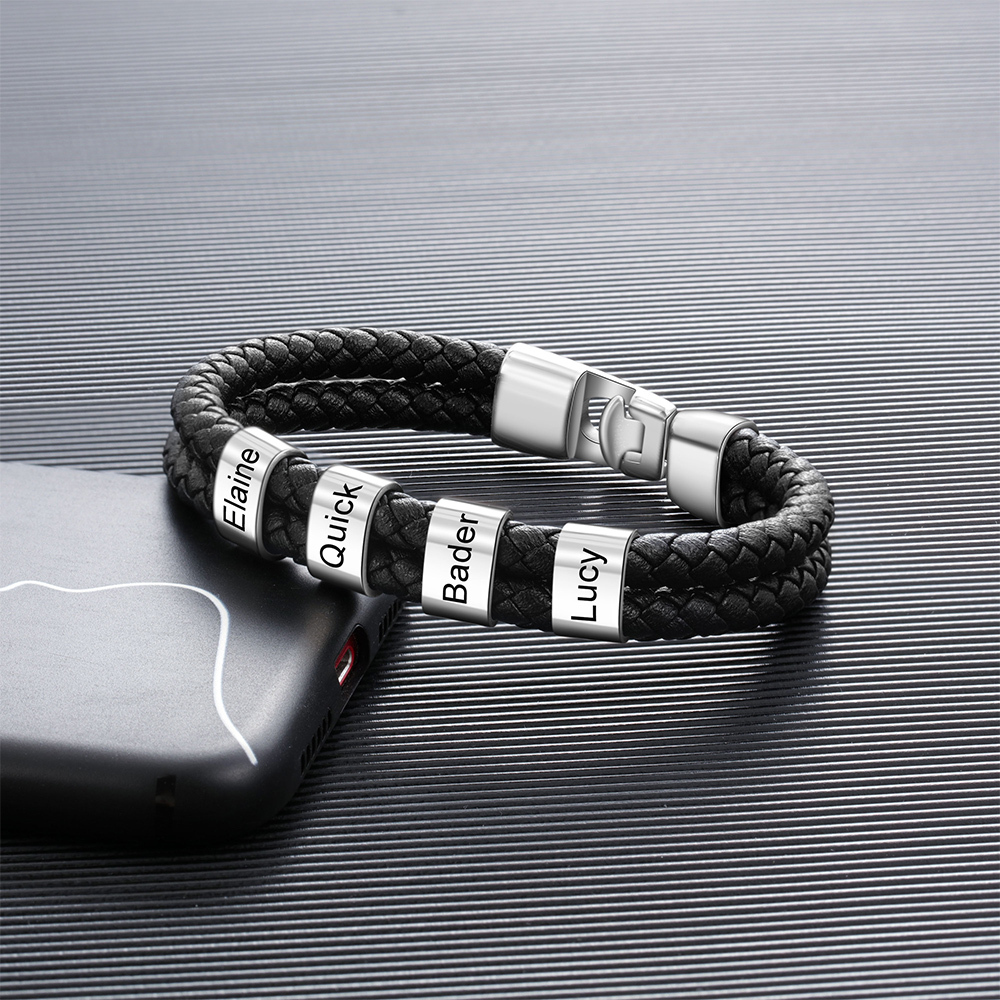 Pulsera 1-8 Nombres Personalizados de Cuero Trenzado con Aros-Jessemade ES