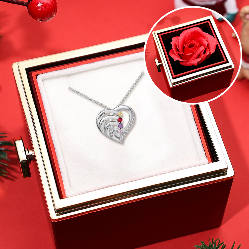 Collar de corazón de plata 925 con 4 nombres y 4 piedras de nacimiento personalizados-Jessemade ES