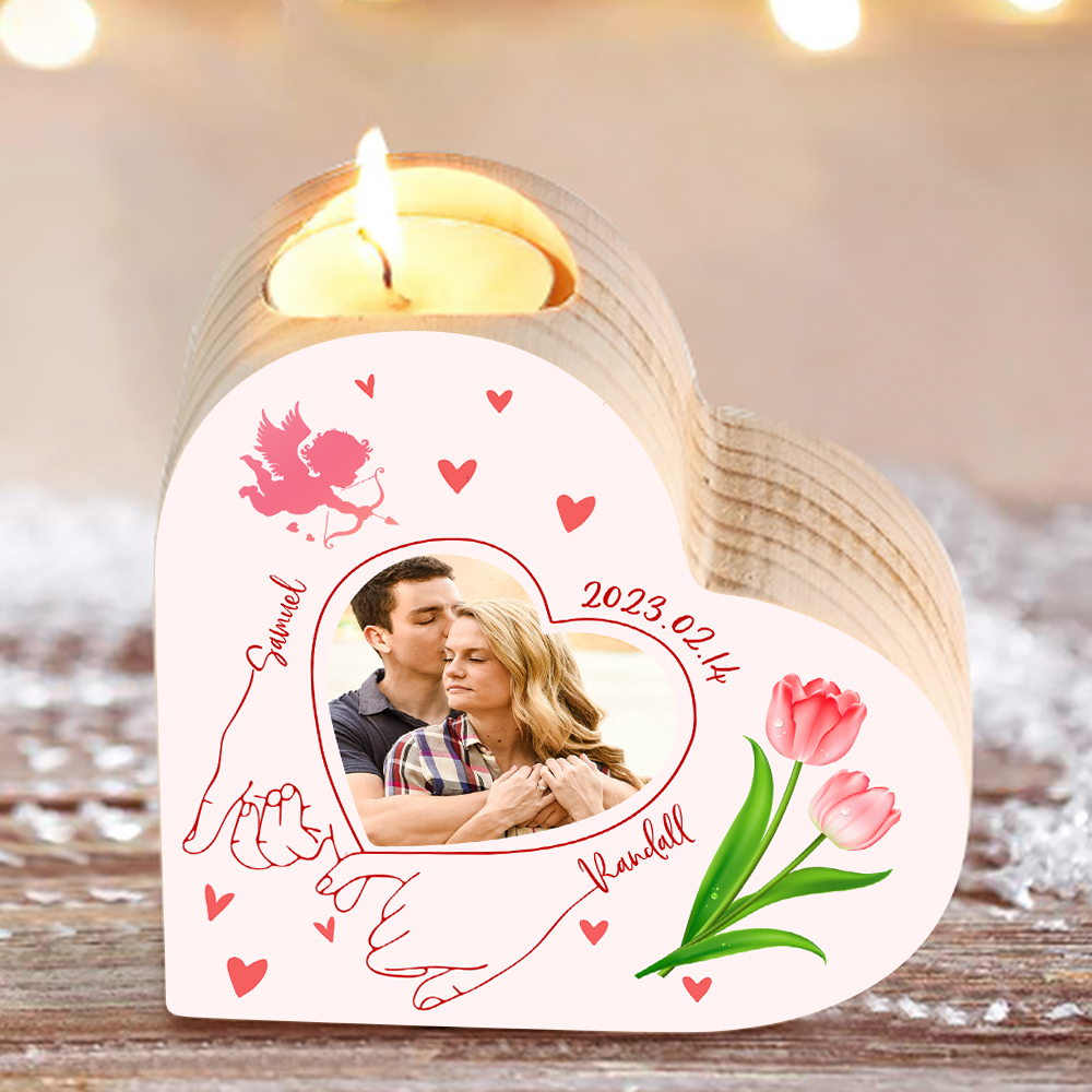 Candelero de madera para pareja con foto sin vela personalizado con nombres y fecha-Jessemade ES