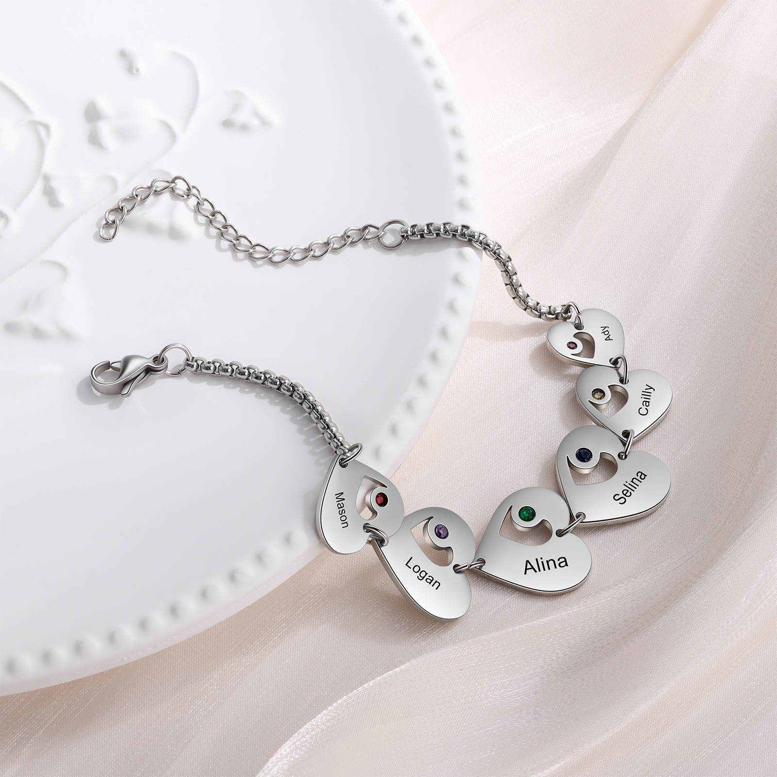 Pulsera de corazón personalizada con 6 nombres y 6 piedras de nacimiento-Jessemade ES