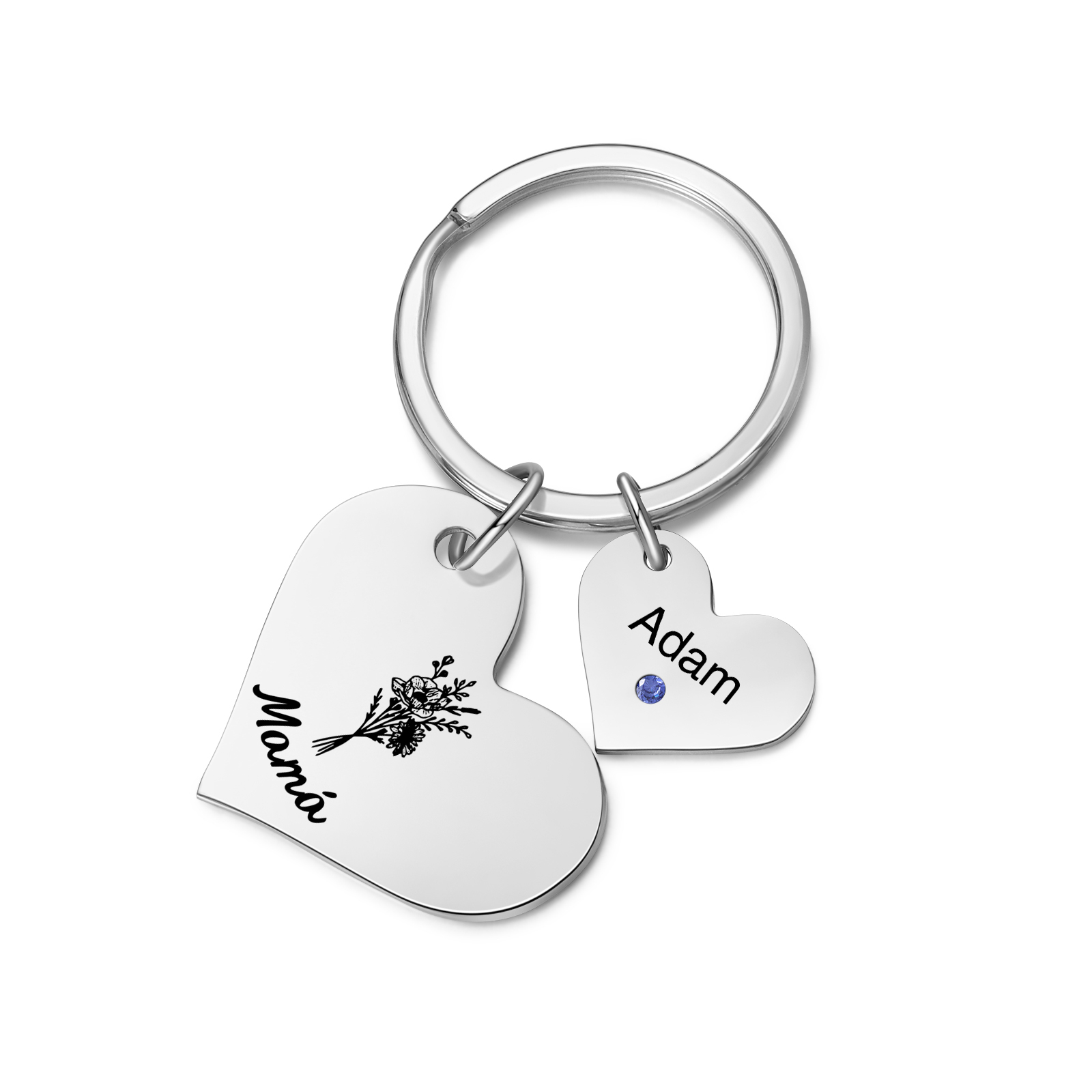 A mi mamá/abuela - Llavero con 1 nombre y piedra de nacimiento personalizados en corazón con texto y flor-Jessemade ES