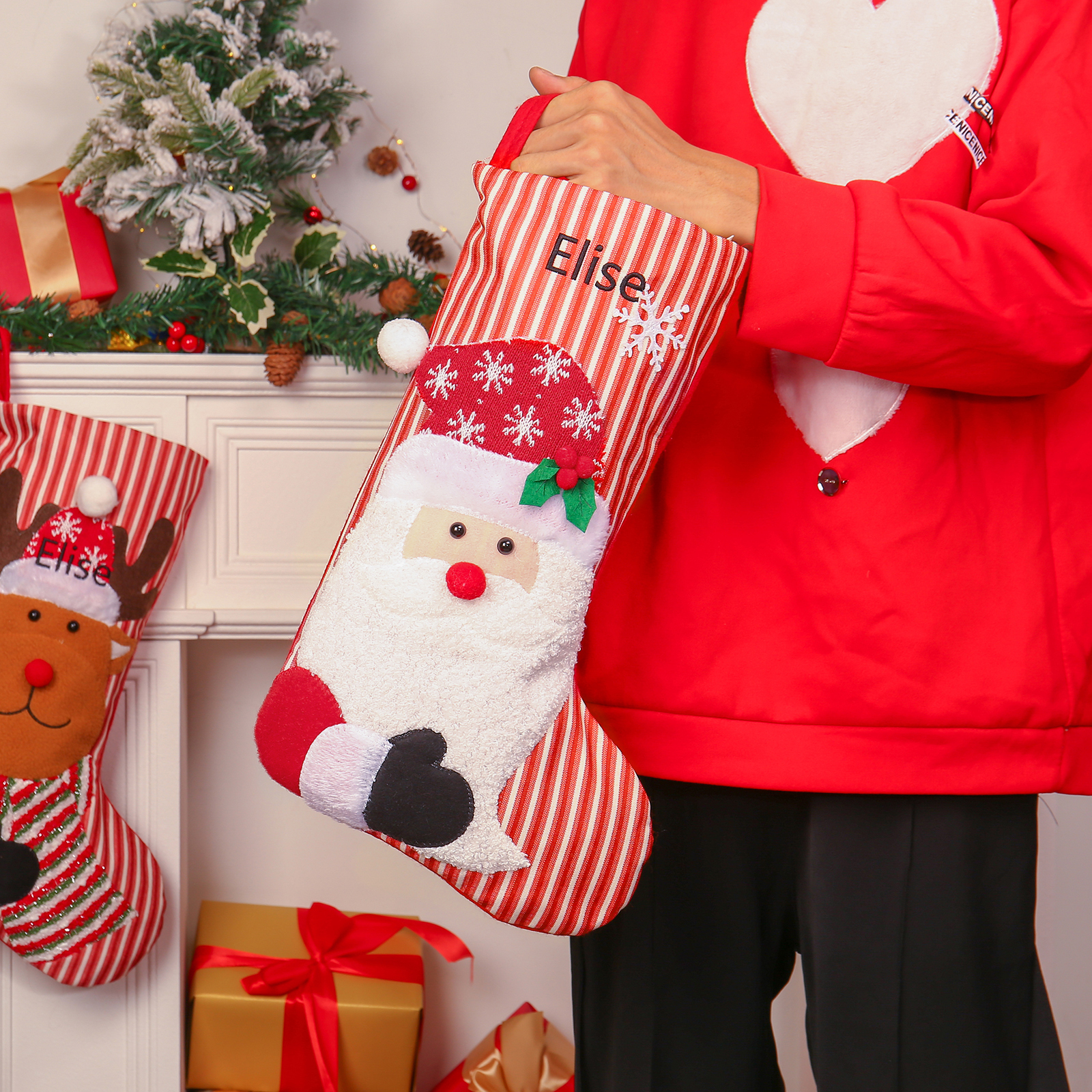 Adornos de medias navideñas con muñeco Bolsa de regalo 1 Nombre personalizado-Jessemade ES