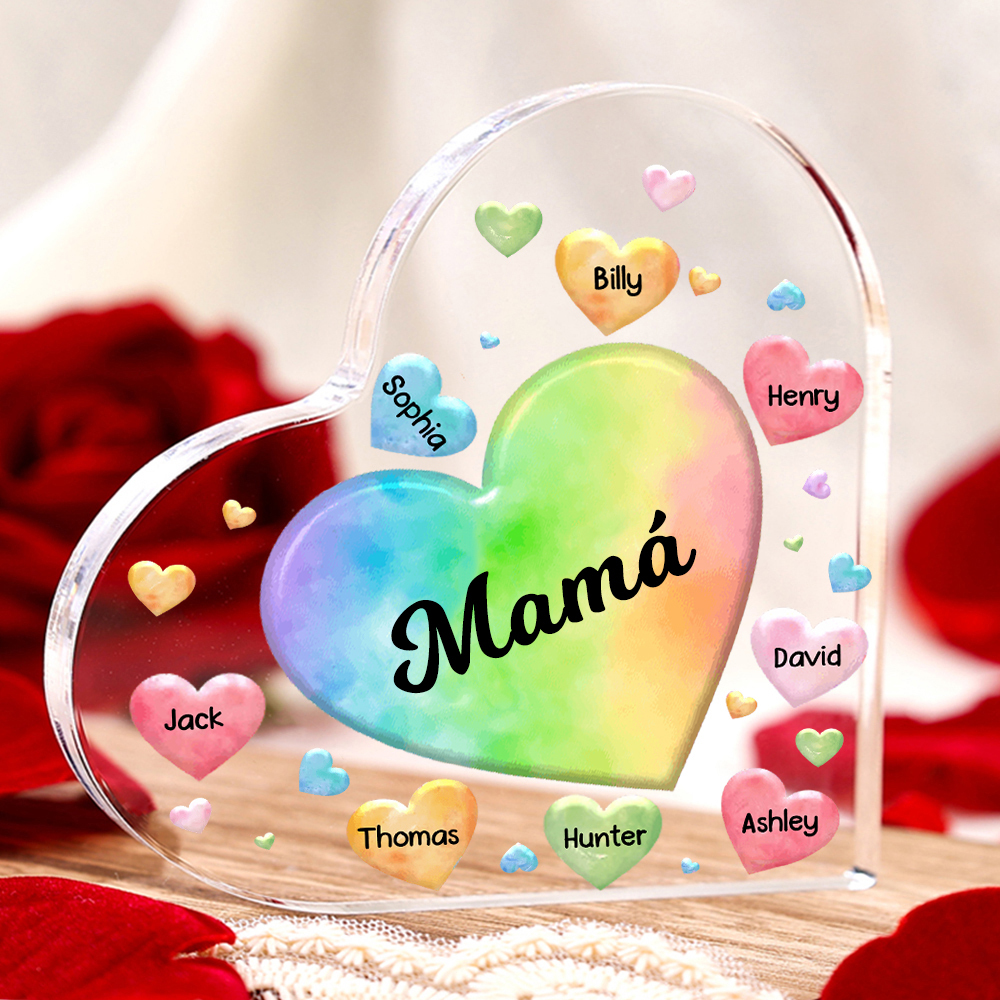 A mi mamá/abuela-Placa de acrílico "Corazones" en forma de corazón 8 nombres y 1 texto personalizados-Jessemade ES