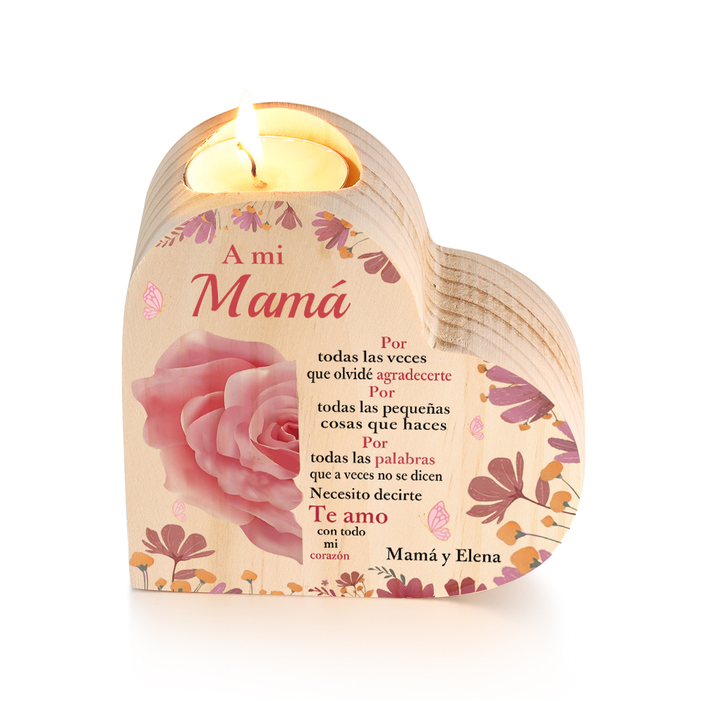 A mi mamá-Candelero con nombres personalizados en forma de corazón de madera sin candela-Jessemade ES