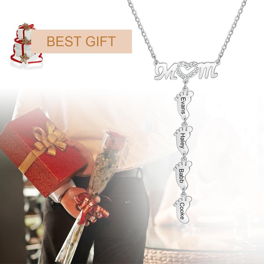Collar "MoM" con colgante de huellas personalizadas con 4 nombres-Jessemade ES
