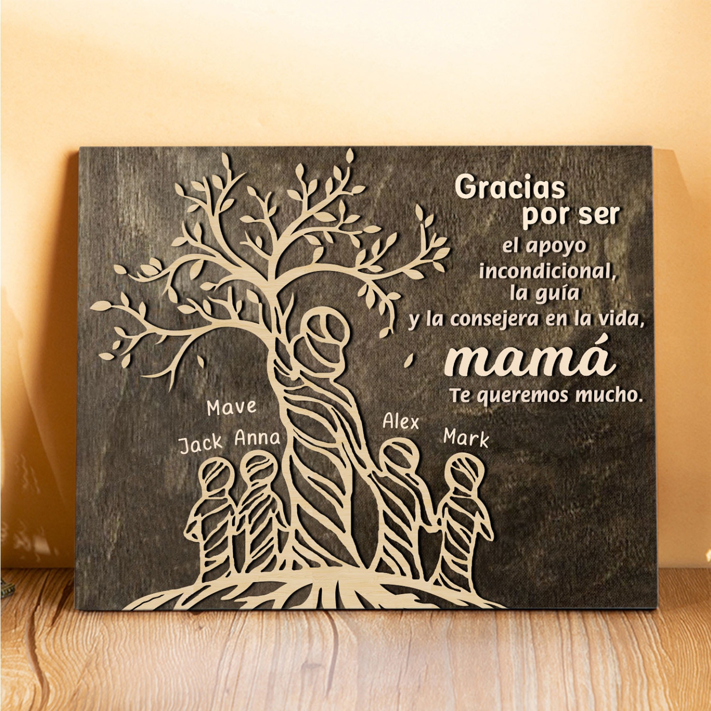 A mi mamá-Lámina mujer de árbol marco de madera personalizado con 5 nombres-Jessemade ES