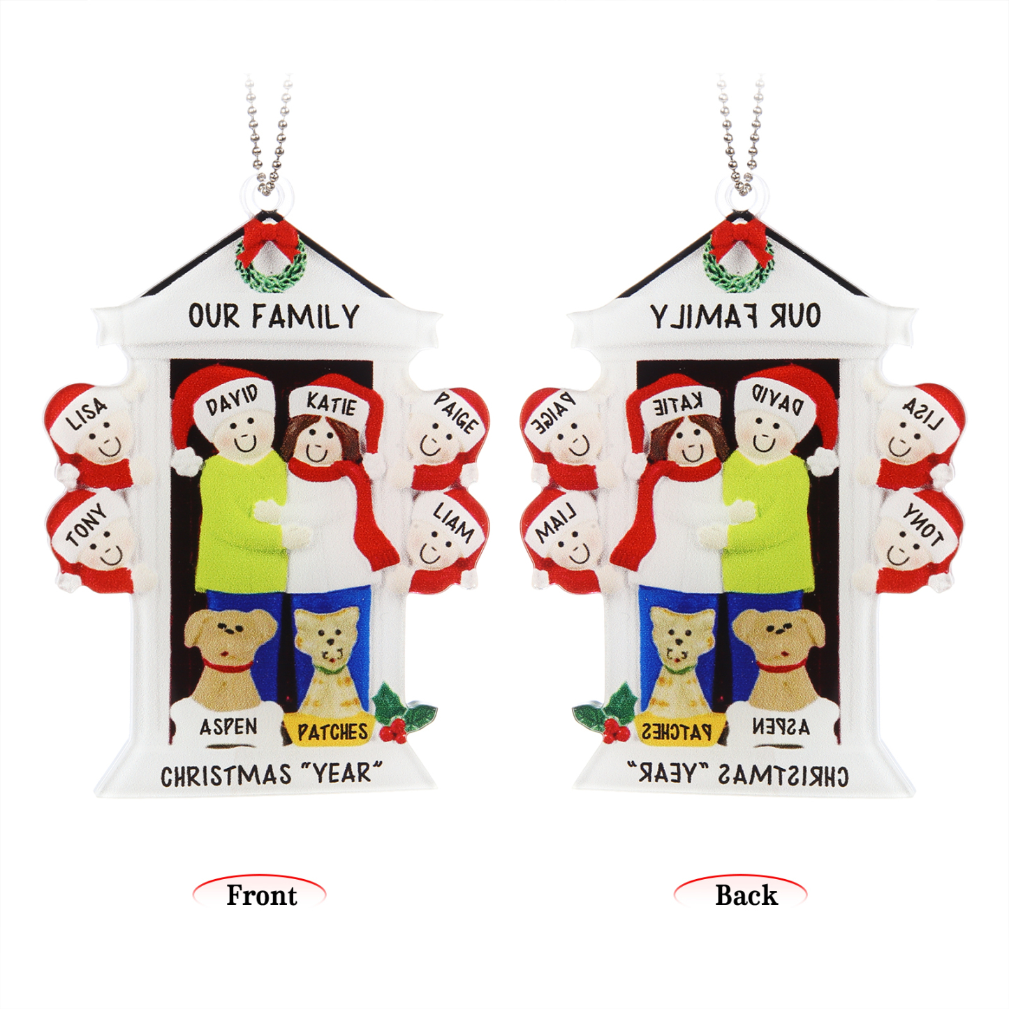 Navidad-Ornamentos Navideños de Acrílico Familia en Puerta con Perro y Gato 8 Nombres Personalizados con 2 Textos-Jessemade ES