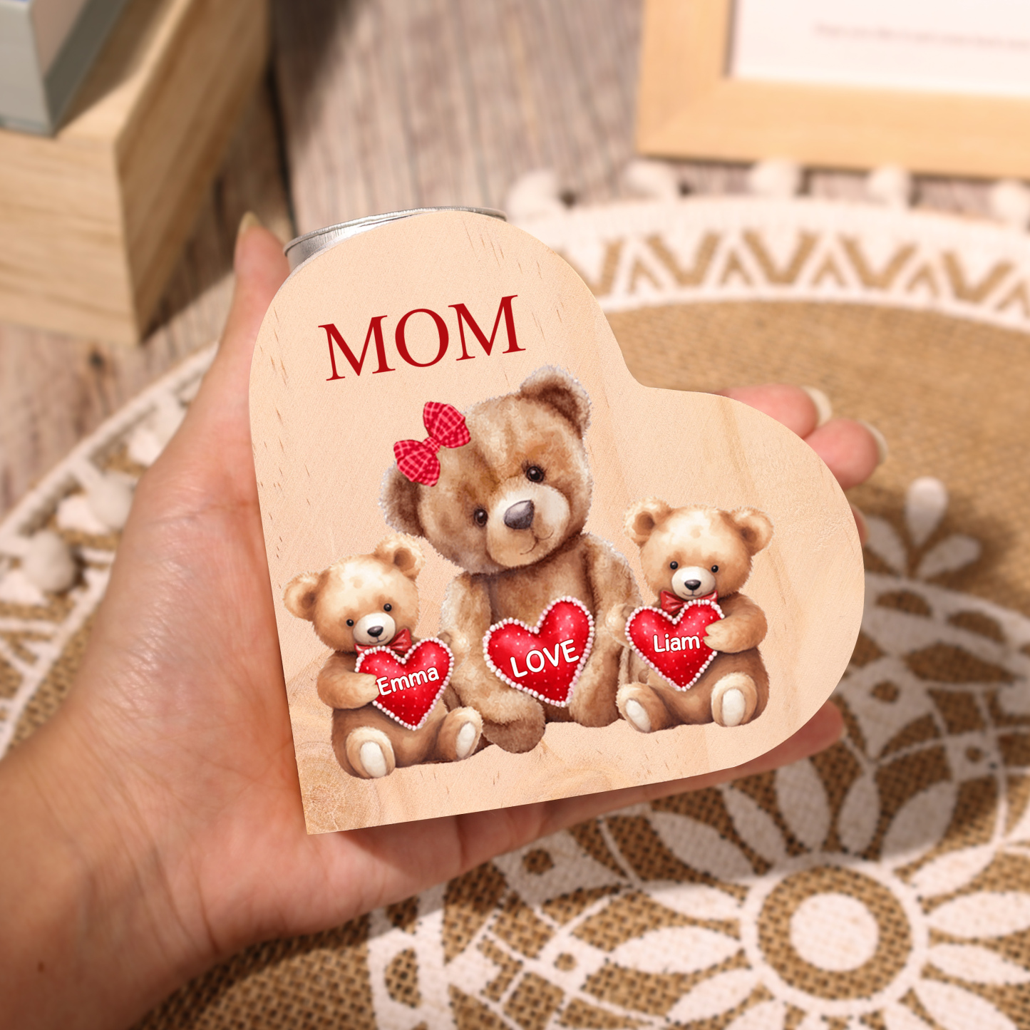 A mi mamá/abuela-Candelero osos 1-6 nombres y 1 texto personalizados en forma de corazón de madera sin candela-Jessemade ES