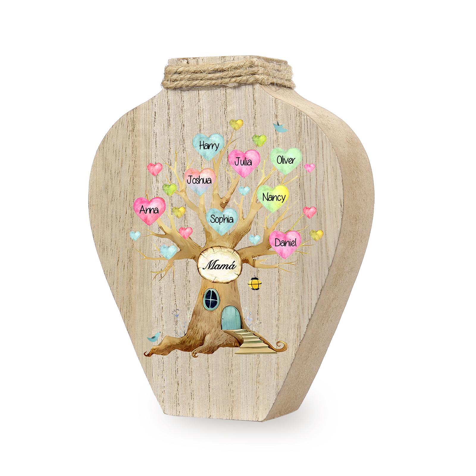 Florero de madera árbol de corazones 8 nombres personalizados con texto decoración del hogar-Jessemade ES