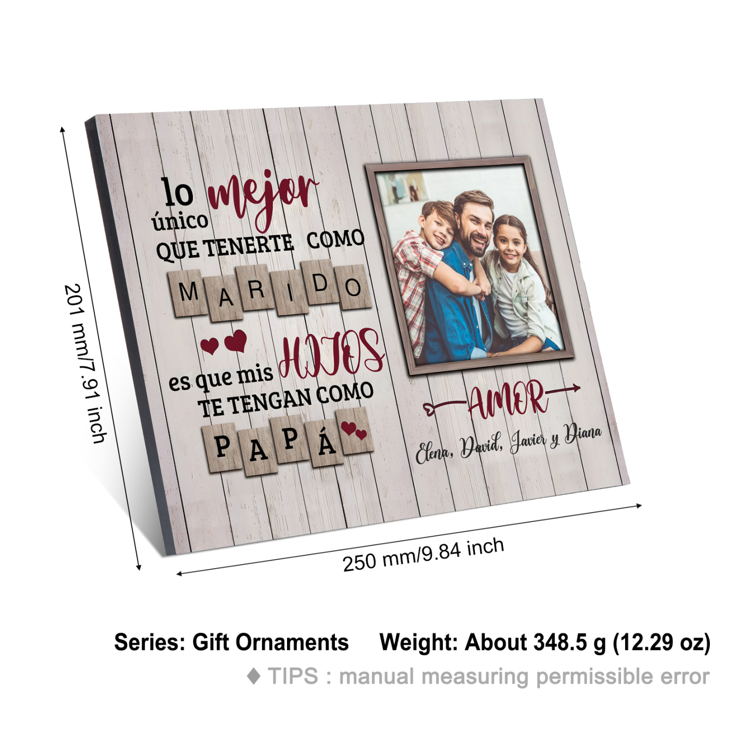 Feliz Día del Padre a mi marido - Lámina marco de madera 1 texto personalizado con 1 foto-Jessemade ES