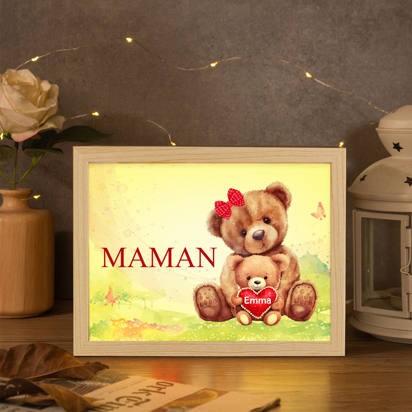 Marco con LED Familia de Osos 1-4 Nombres Personalizados con 1 Texto-Jessemade ES