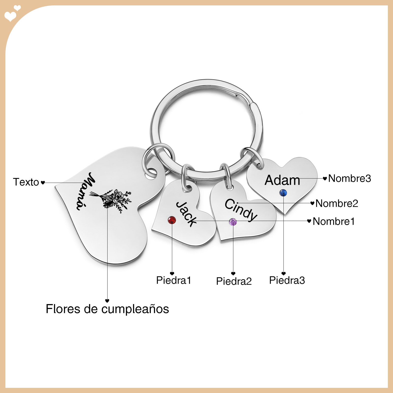 A mi mamá/abuela - Llavero con 3 nombres y piedras de nacimiento personalizados en corazones con texto y flor-Jessemade ES