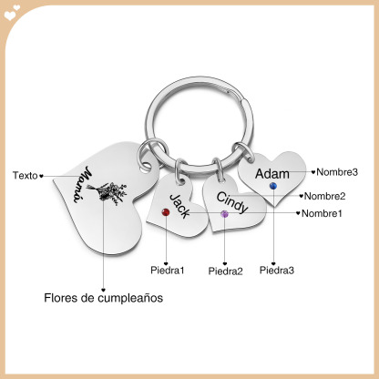 A mi mamá/abuela - Llavero con 3 nombres y piedras de nacimiento personalizados en corazones con texto y flor-Jessemade ES