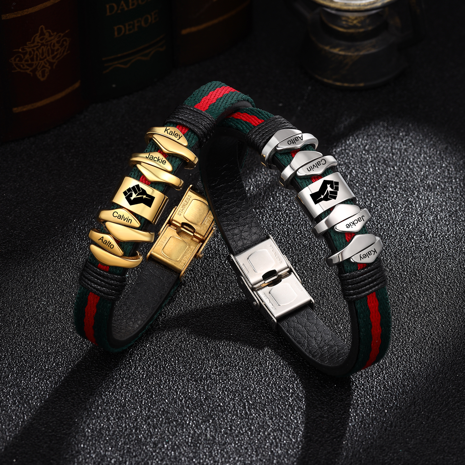 Pulsera 4 Nombres Personalizados de Cuero y Cuerda con Aros-Jessemade ES