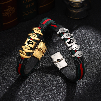 Pulsera 4 Nombres Personalizados de Cuero y Cuerda con Aros-Jessemade ES