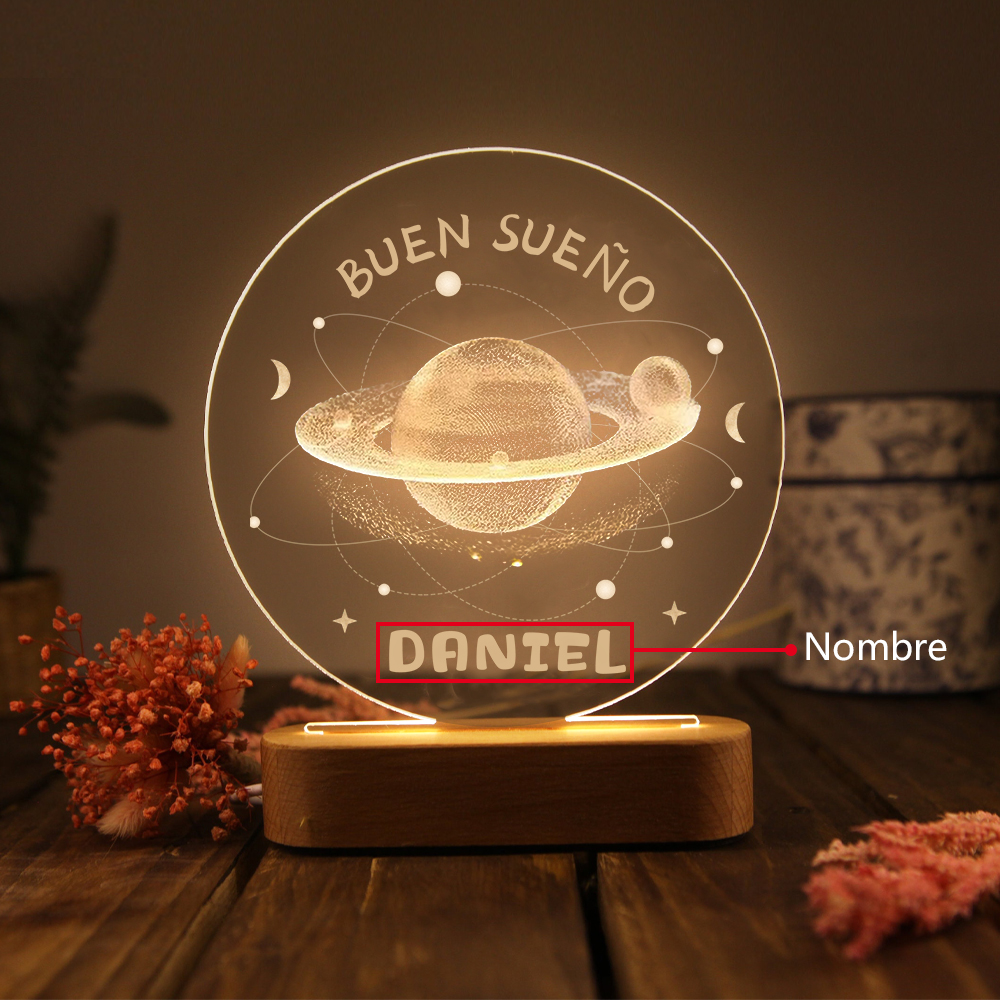 Lámpara Ilusión 3D Luz de Noche LED Buen Sueño Planetas con Nombre Personalizado-Jessemade ES