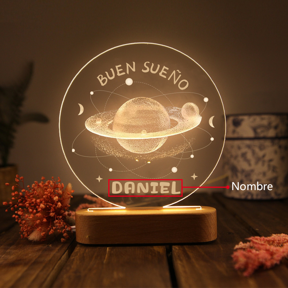 Lámpara Ilusión 3D Luz de Noche LED Buen Sueño Planetas con Nombre Personalizado-Jessemade ES