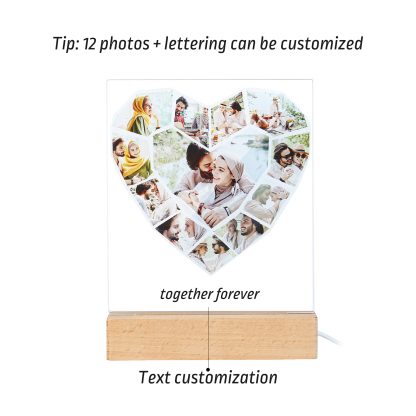 Lámpara 3D Ilusión Luz de noche LED en forma de corazón 12 Fotos con 1 texto