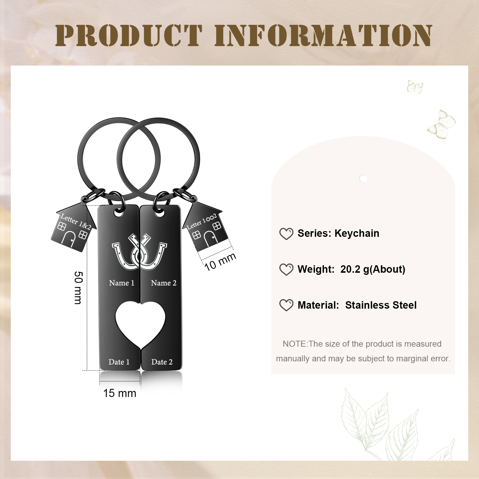 Llavero para pareja herradura 2 letras, 2 nombres personalizados con fecha dije de casa-Jessemade ES