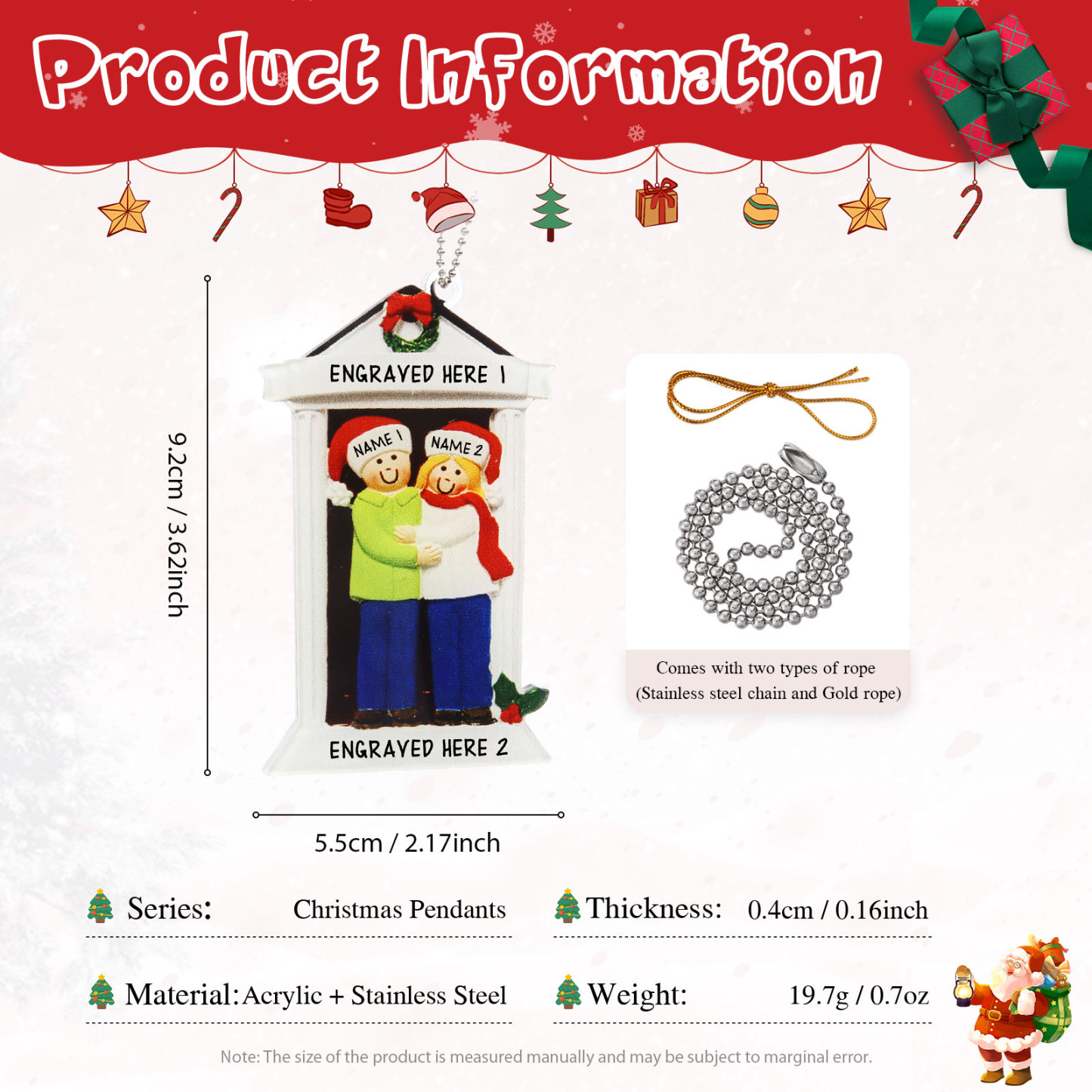 Navidad-Ornamentos Navideños de Acrílico Familia en Puerta 2 Nombres Personalizados con 2 Textos