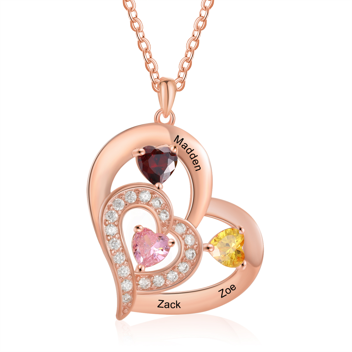 Collar corazón con 1-6 nombres personalizados y 1-6 piedras de nacimiento-Jessemade ES