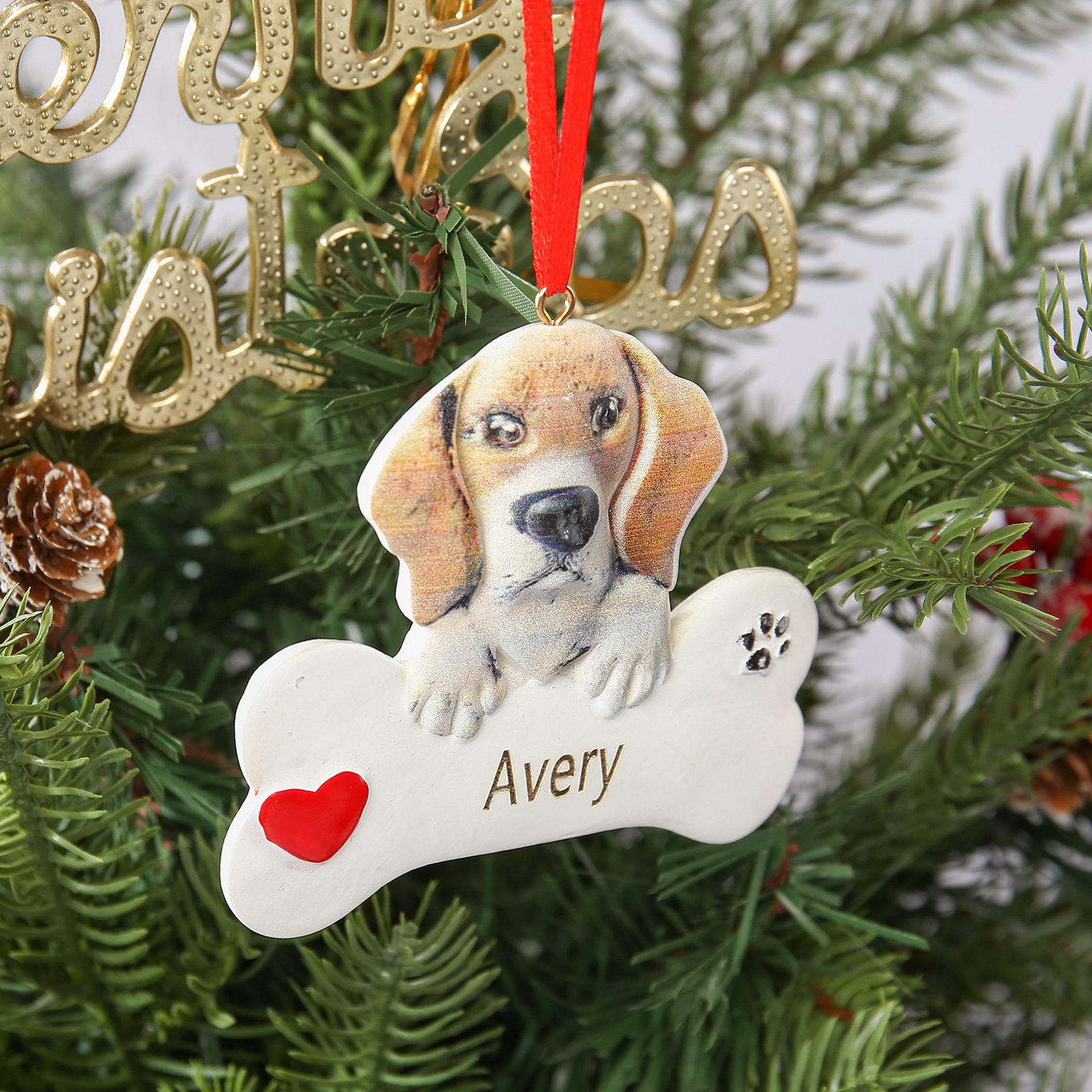 Navidad-Ornamento navideño de resina mascota perro Beagle 1 nombre personalizado adorno del árbol