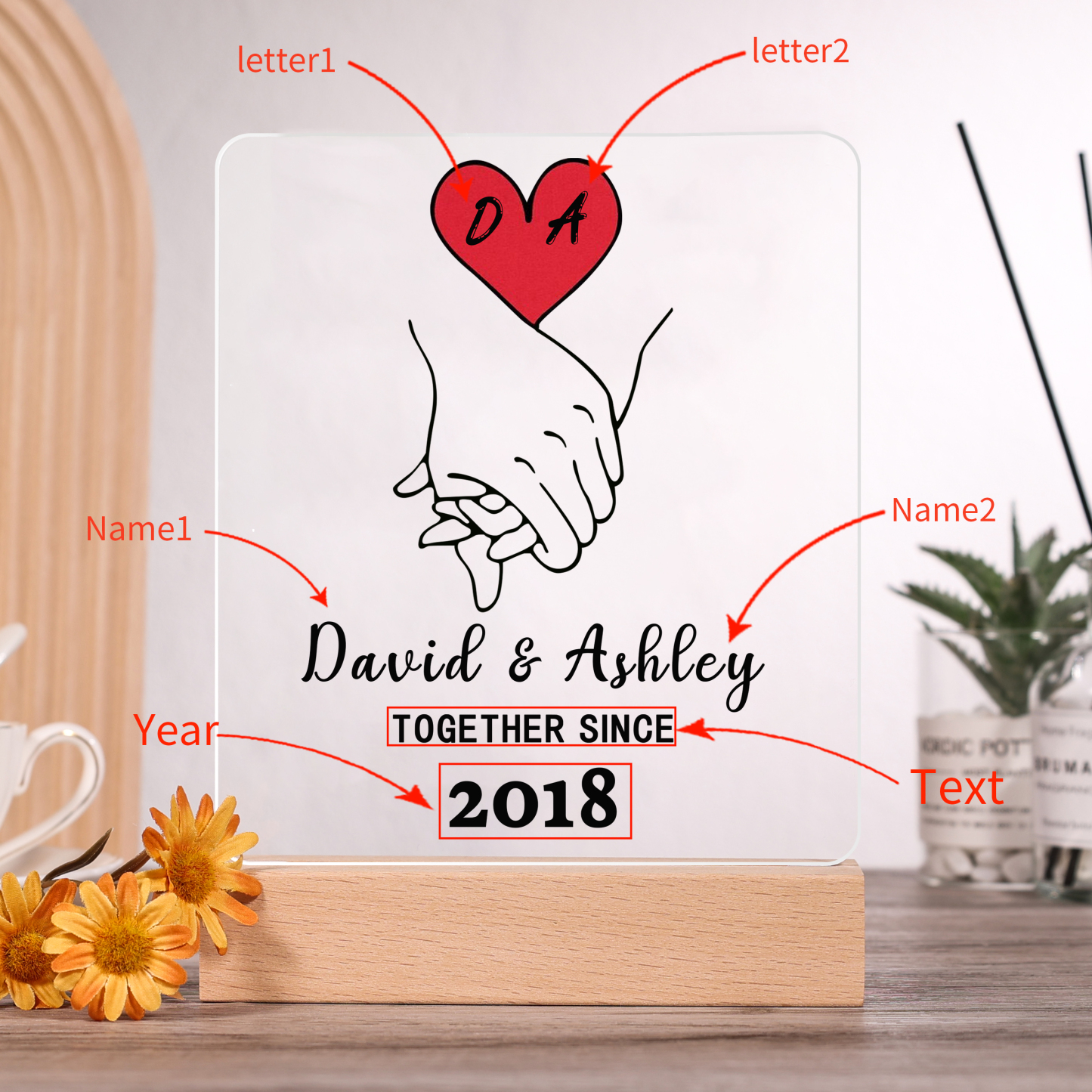 Lámpara manos cogidas para pareja 3D Ilusión Luz de Noche LED 2 letras, 2 nombres, texto y año personalizados -Jessemade ES