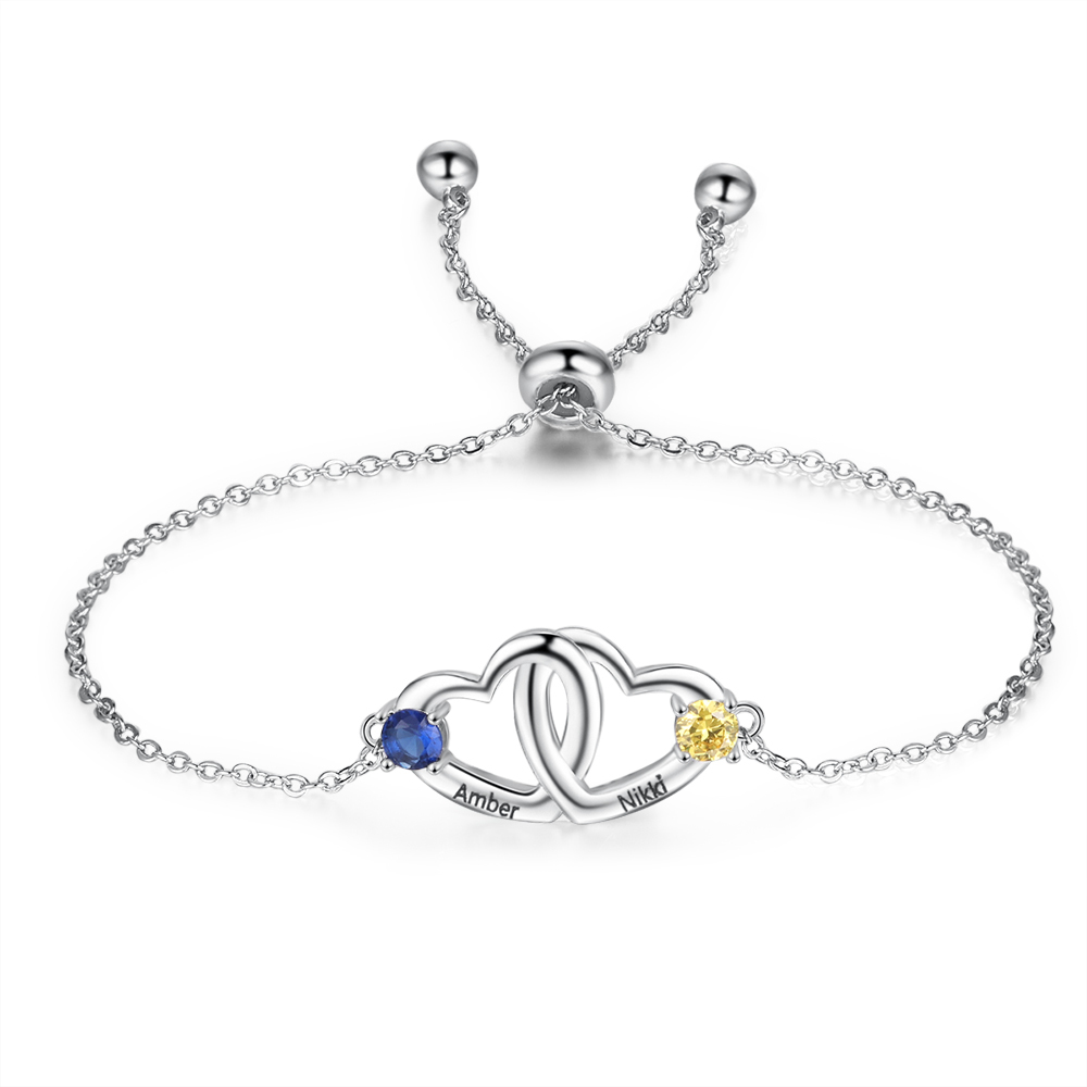 Pulsera ajustable de corazón con 2 piedras de nacimiento y 2 nombres personalizados