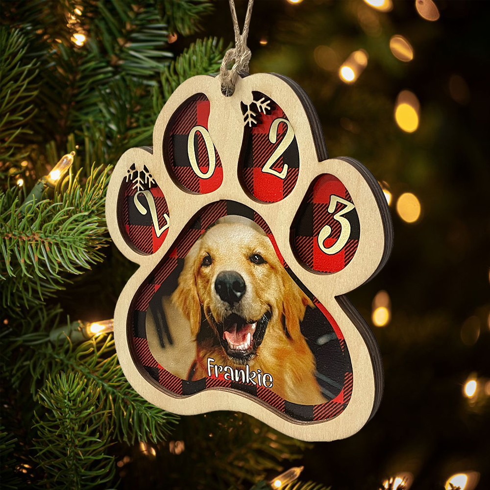 Navidad-Ornamento navideño de madera pata de perro con 1 nombre y 1 foto personalizados