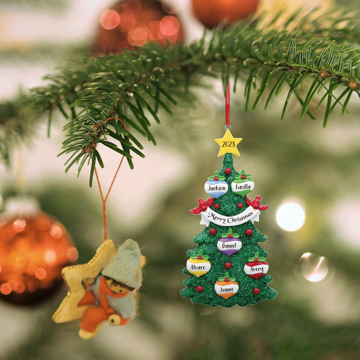 Navidad-Ornamento muñecos navideño de madera en forma de árbol 6 nombres, 1 texto y 1 año personalizados adorno del árbol-Jessemade ES