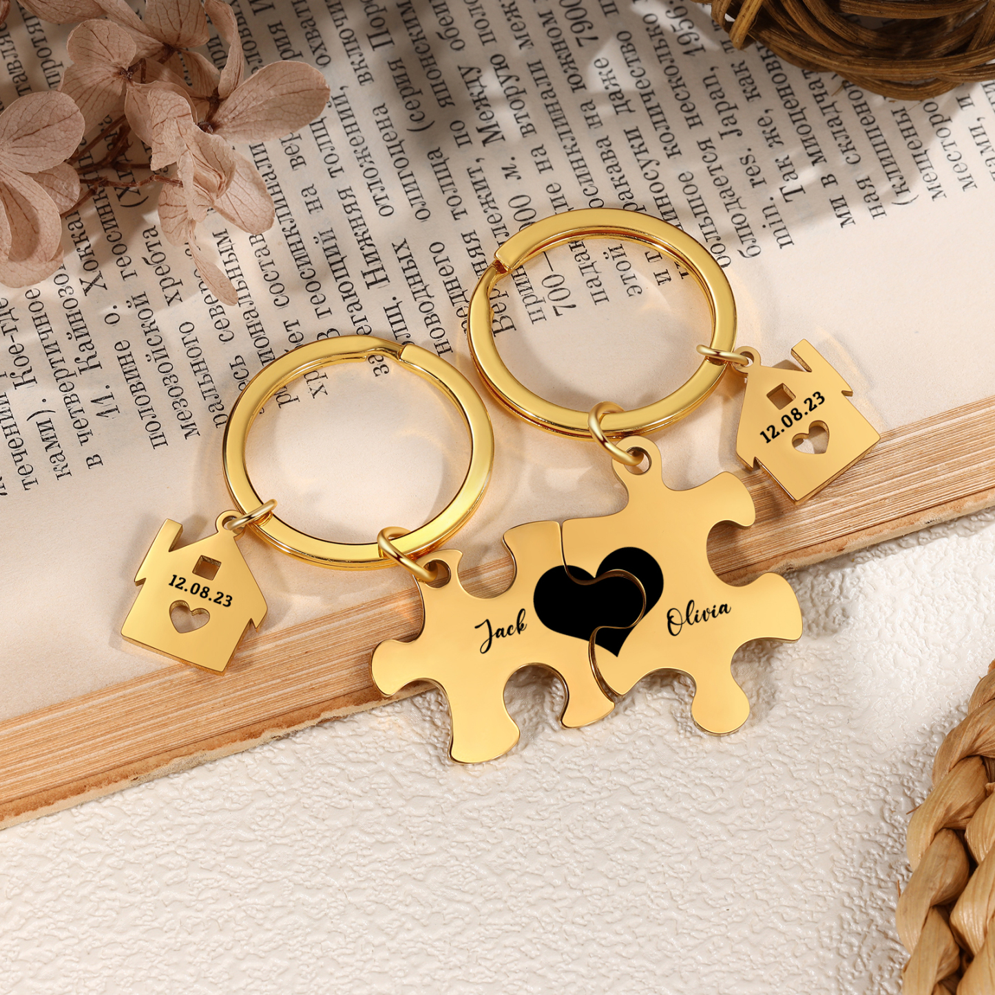 Llavero para pareja rompecabezas 2 nombres personalizados con fecha dije de casa-Jessemade ES