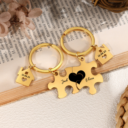 Llavero para pareja rompecabezas 2 nombres personalizados con fecha dije de casa-Jessemade ES