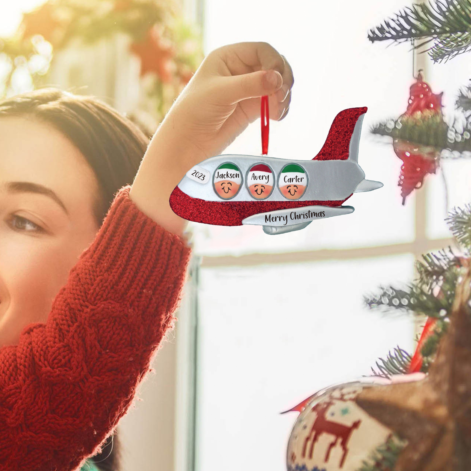 Navidad-Ornamento muñecos navideño de madera viaje en avión 3 nombres, 1 texto y 1 año personalizados adorno del árbol-Jessemade ES