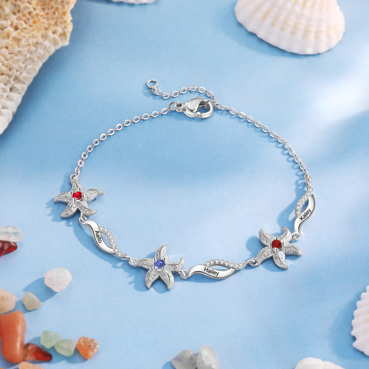 Pulsera con dije de estrella de mar para mujer personalizada con 3 nombres y 3 piedras de nacimiento-Jessemade ES