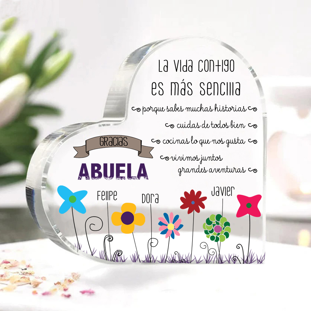 Abuela - Placa de acrílico en forma de corazón flores 1-5 nombres personalizados-Jessemade ES