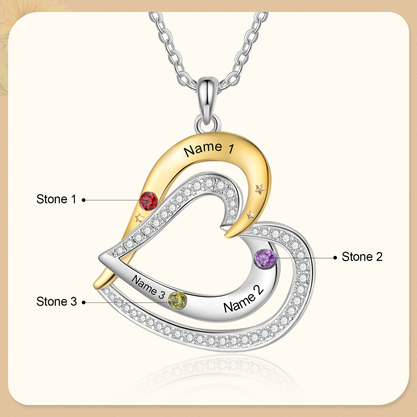 Collar de corazón con 3 nombres y piedras de nacimiento personalizados-Jessemade ES