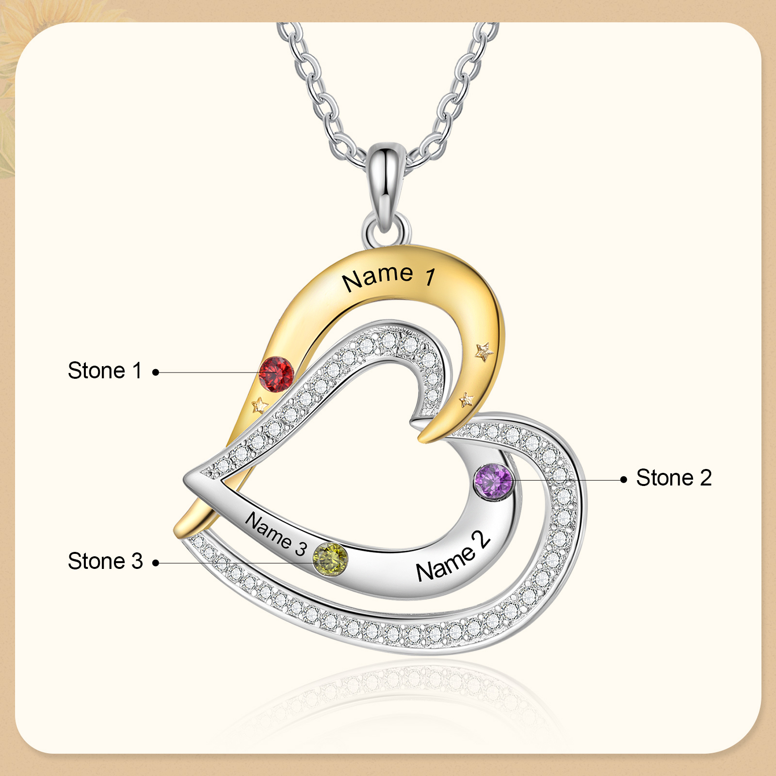 Collar de corazón con 3 nombres y piedras de nacimiento personalizados-Jessemade ES