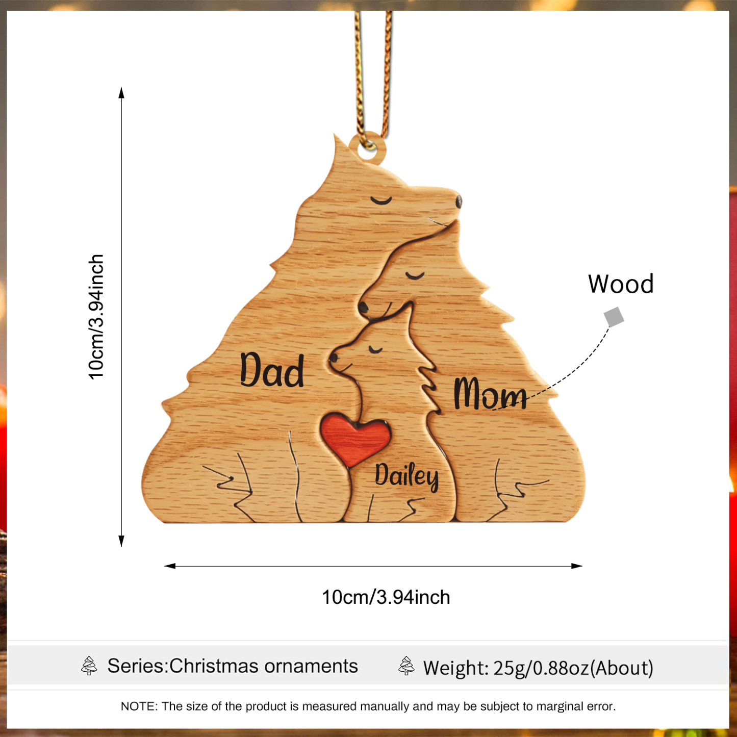 Navidad-Ornamento muñecos navideño de madera familia de zorros 3 nombres personalizados adorno del árbol-Jessemade ES