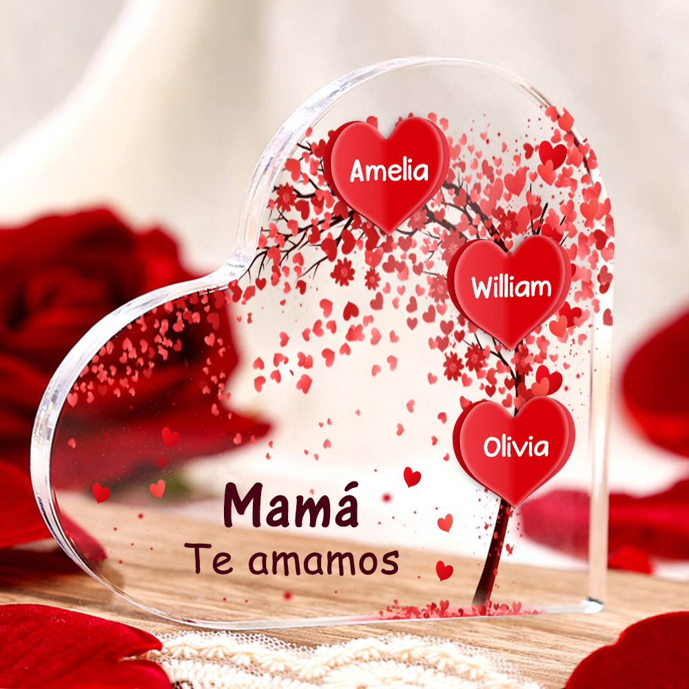 A mi mamá/abuela-Placa de acrílico "Corazones" en forma de corazón 3 nombres y 1 texto personalizados-Jessemade ES
